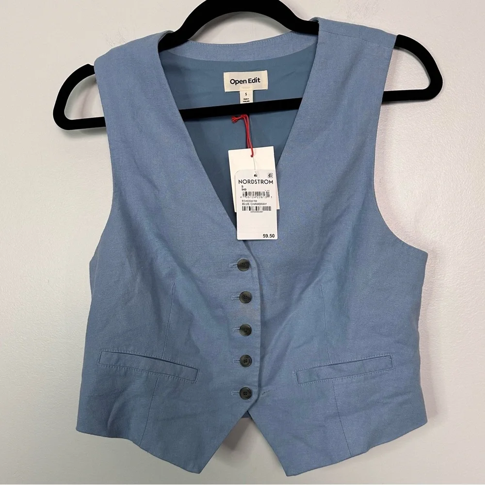 Open Edit Tailored Vest Blue Chambray Size Small - Picture 6 of 9